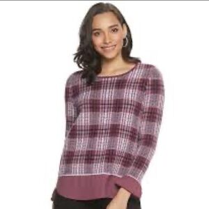 ELLE Plaid Long Sleeve Two-fer Sweater